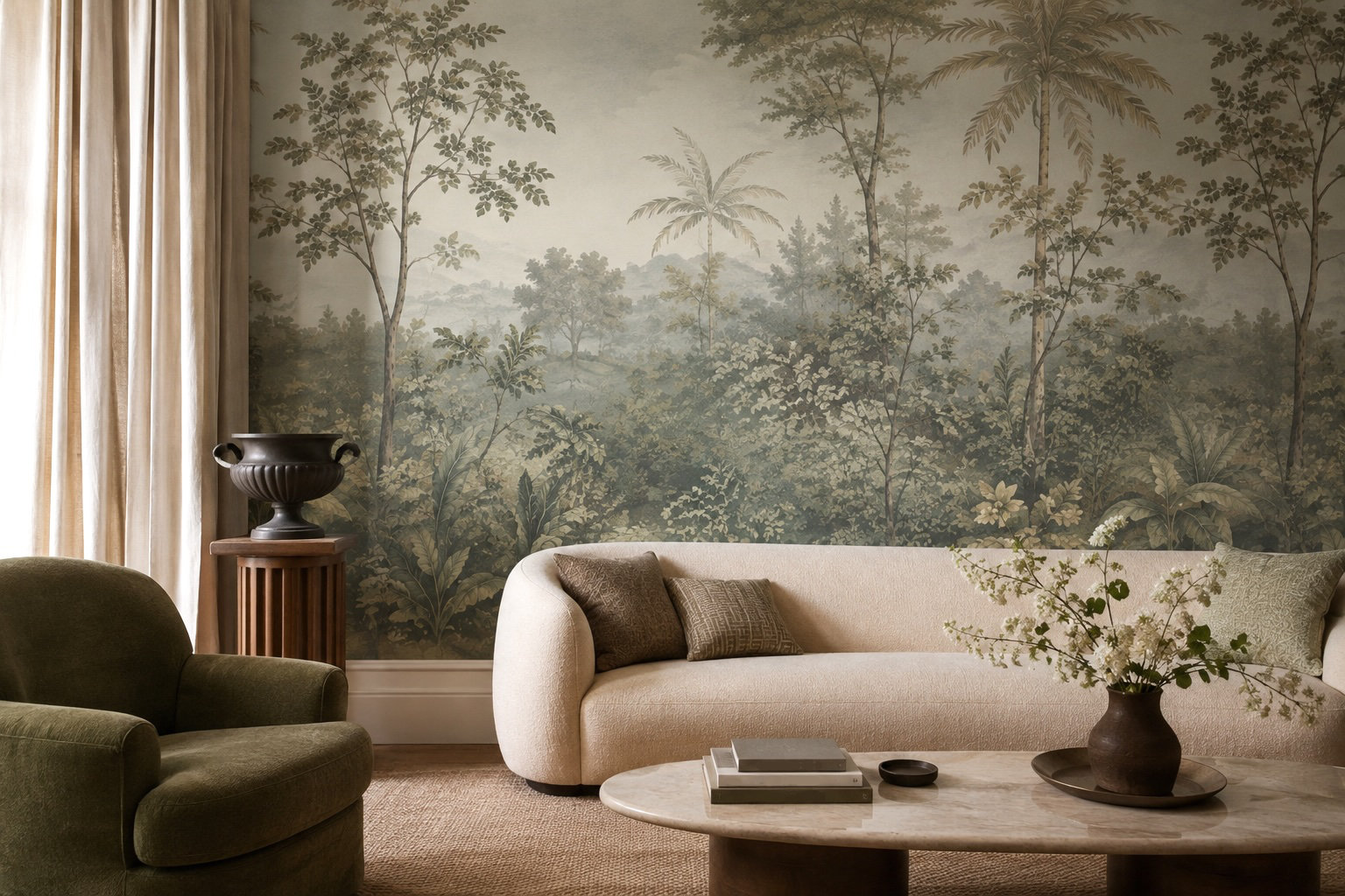 Room render — mural in situ, high-end interior